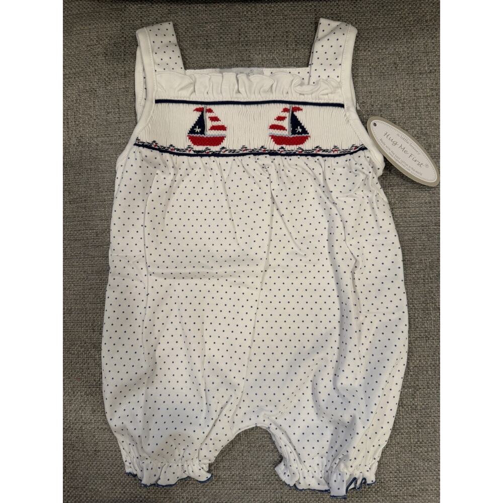 Hug Me First Smocked Baby Girl Red White Blue Sailboat Romper 3-6 Months NWT